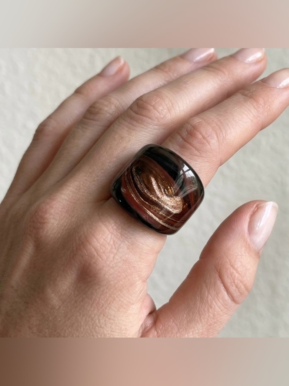 Handmade Glass Statement Ring With Swirl Detail Size 7.75 Black Bronze Metallic